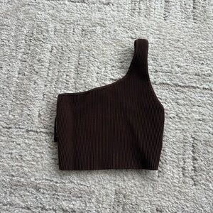 Babaton Chocolate Ribbed One-Shoulder Top